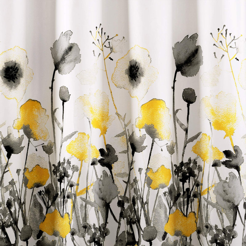 Tissu de rideau de douche jaune et gris à imprimé floral aquarelle