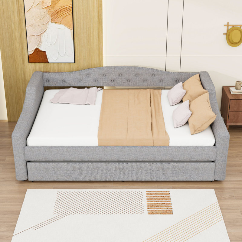 Full XL Wooden Upholstered Daybed with Trundle, LED Lights and Slats, Gray