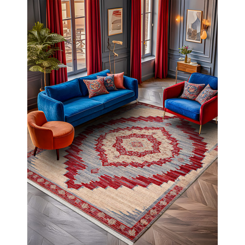 Marisol Blue Red Beige Oriental Machine Printed Cotton Polyester Area Rug, Runner 5'3" x 13'2"