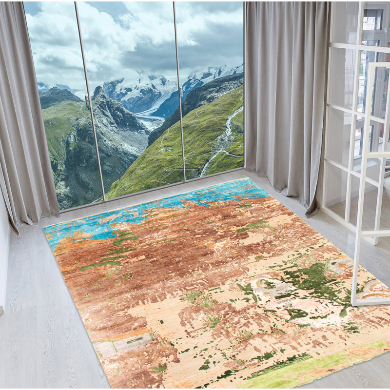 Tapis décoratif en brun/beige de conception unique noué à la main New Age 7 pi 10 po x 10 pi