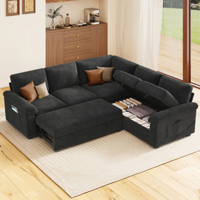 Belrose 82" L-Shaped Linen Upholstered Sleeper Sectional with Pull-Out Bed and Under-Seat Storage, Black