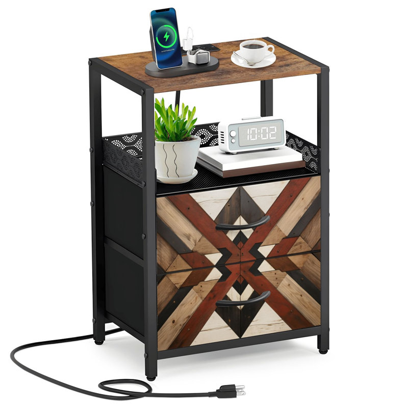 Table de chevet 2 tiroirs en tissu avec station de charge Western Aztec