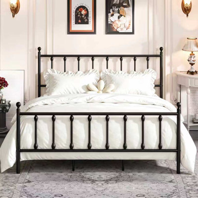 King 14 Inch Victorian Vintage Metal Platform Bed Frame, Headboard Footboard, Underbed Storage, Black - No Box Spring Needed