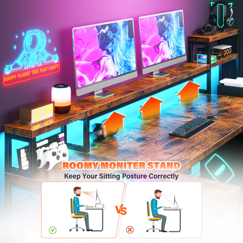 71"w Led L-shaped Computer Desk,gaming Desk With Power Outlet,home Office Desk With Monitor Stand, Brown