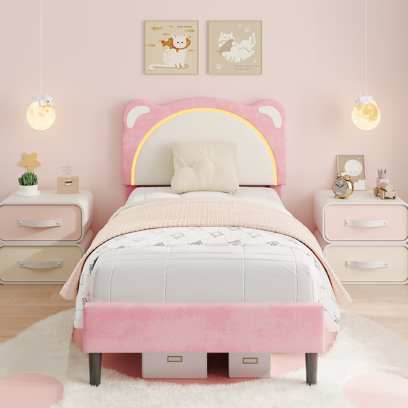 Twin XL Velvet Upholstered Platform Bed Frame with Smart LED Headboard- Adjustable Light & Memory Function, Wood Slat Support, Easy Assembly, Pink
