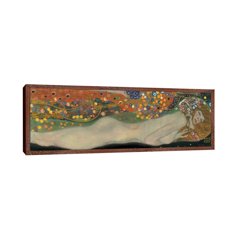 Sea Serpents, Detail IV by Gustav Klimt - Floater Frame Panoramic Painting on Canvas, 121.92 cm H x 40.64 cm W, Brown Framed