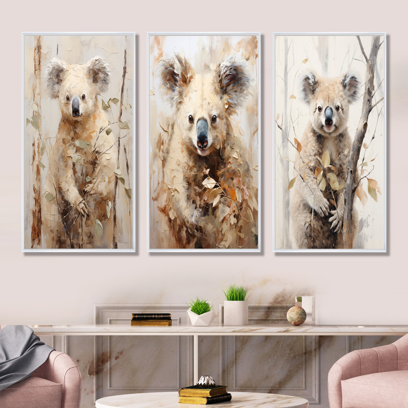 Ensemble de 4 reproductions d'art sur toile Koala, Cadre flottant blanc, H 28 po x l 36 po