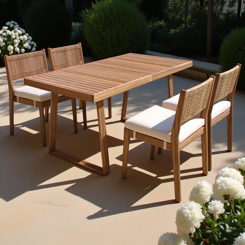 Multi-Person Outdoor Acacia Wood Dining Table And Chair Set, Thick Cushions, Suitable For Balcony, Vourtyard, And Garden.