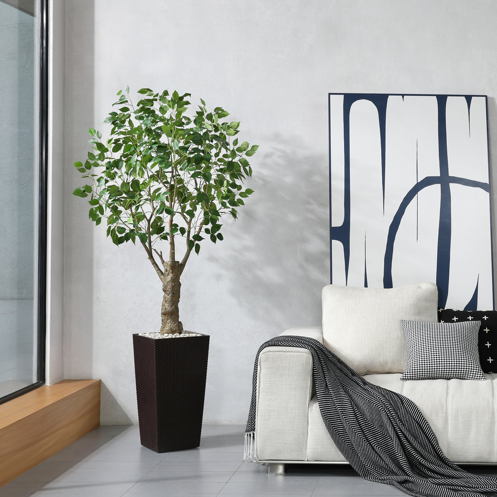 Adcock Artificial Ficus Tree UV Resistant with Tall Planter, Faux Ficus Tree for Outdoor Indoor, 72" H x 24" W x 24" D, Brown