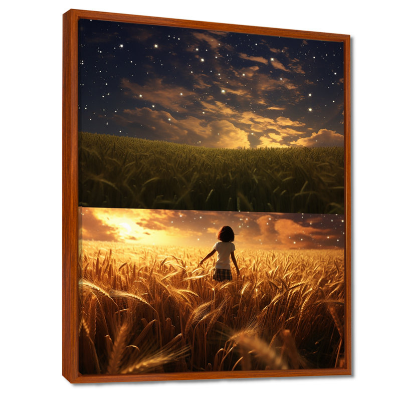 «Magical Sky Over The Golden Wheatfield - Meadow», reproduction d'art murale, Toile avec cadre flottant brun