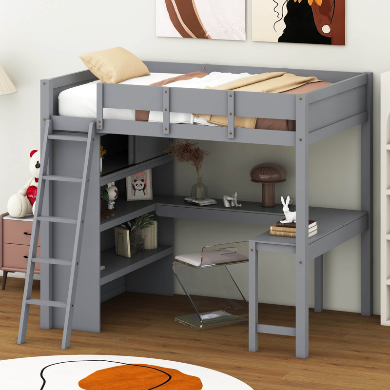 Lit mezzanine double avec bureau et tablette Jerimyah, Gris