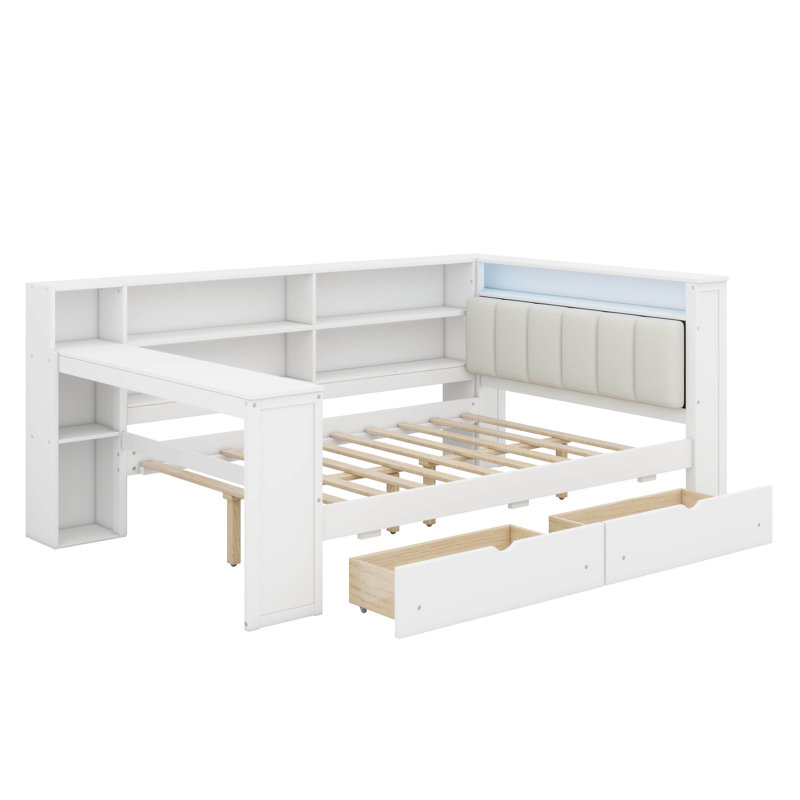 Lit plateforme double en bois avec tête de lit tapissier à DEL, tablettes de rangement, 2 tiroirs, chargement USB, couleurs ajustables et bureau intégré