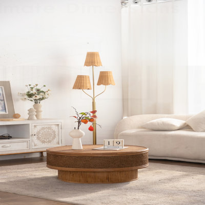 Table basse ronde ronde avec couvercle rabattable - corde de chanvre et rotin, présentant un style naturel rétro pour la salle à manger et le salon