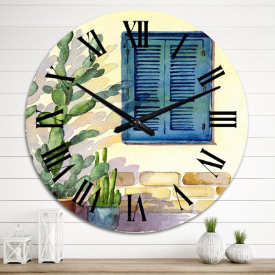 Façade de maison avec une fenêtre avec des volets turquoise - Horloge murale rétro