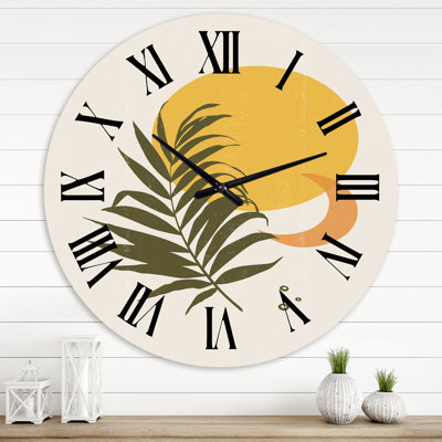 Abstrait soleil jaune et lune avec feuille tropicale I - horloge murale moderne