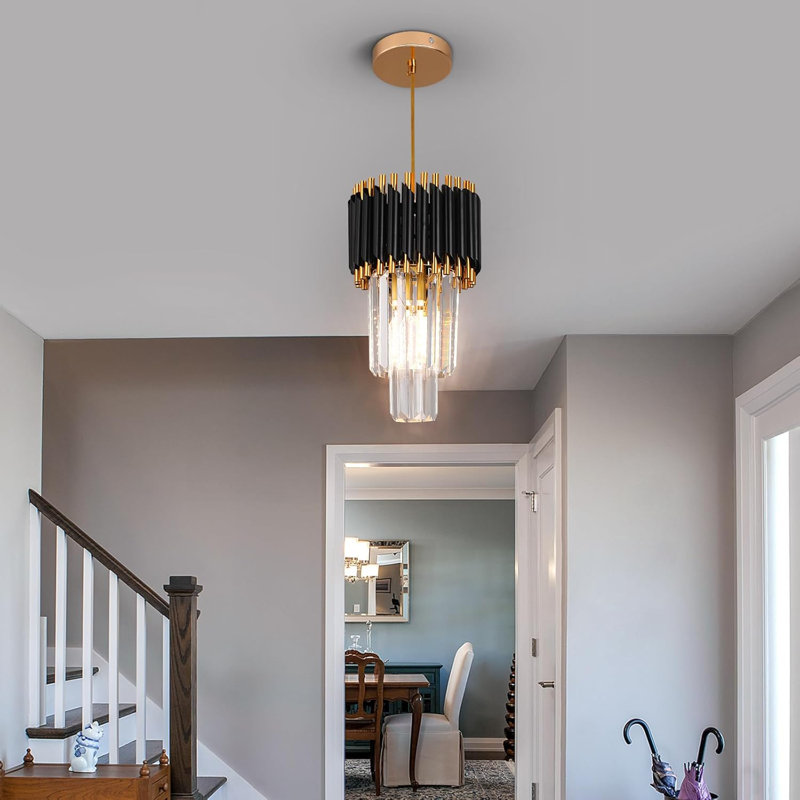 3-Tier Crystal And Aluminum Pendant Light With Adjustable Height, Black And Gold Finish