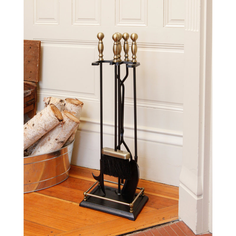 Ensemble d'outils de foyer en fer Verrett, Laiton antique / noir, H 30,50 po x l 6,75 po x P 9,75 po