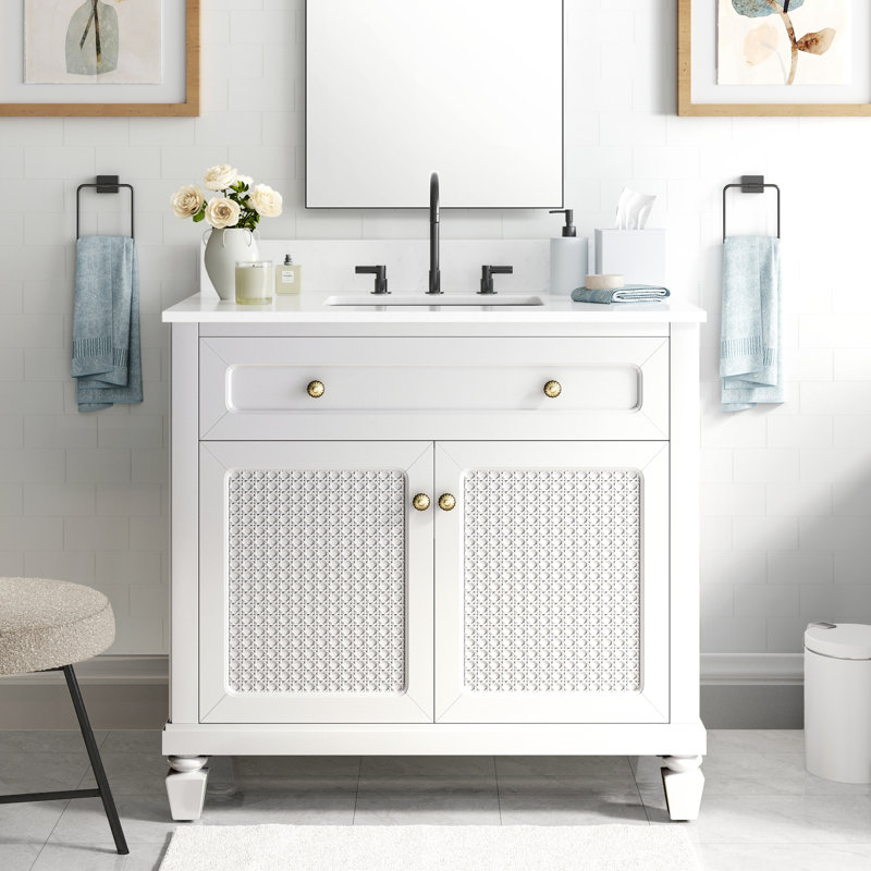 Meuble-lavabo sur pied simple 36 po avec comptoir en marbre d'ingénierie, lavabo en céramique, dosseret, Blanc
