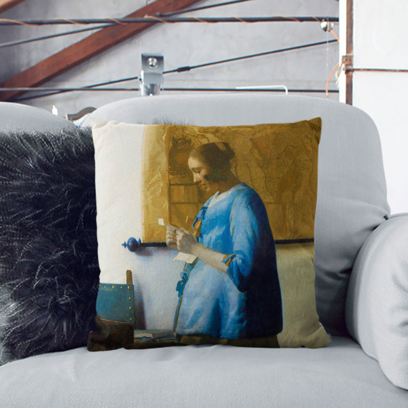 Woman Reading A Letter Square Throw Cushion, 55cm H x 55cm W x 20cm D, Black