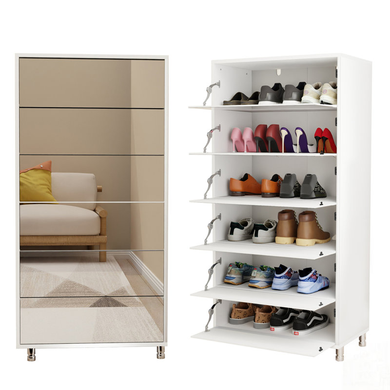 Armoire à chaussures à miroir avec 6 tiroirs rabattables, beaucoup de rangement, porte tactile et 4 pieds en métal pour les maisons modernes