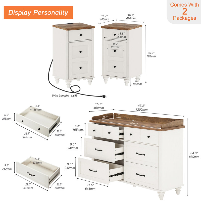 Ensemble de chambre à coucher 3 pièces - Comprend une commode 6 tiroirs Mid Century, un ensemble de 2 tables de chevet avec station de charge, une commode 3 pièces et une table de chevet,
