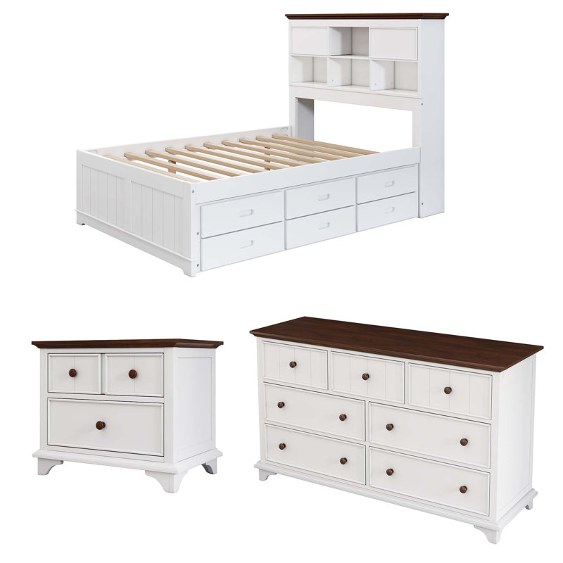 Ensemble de lit capitaine 3 pièces en bois avec lit gigogne, table de chevet et commode, Double