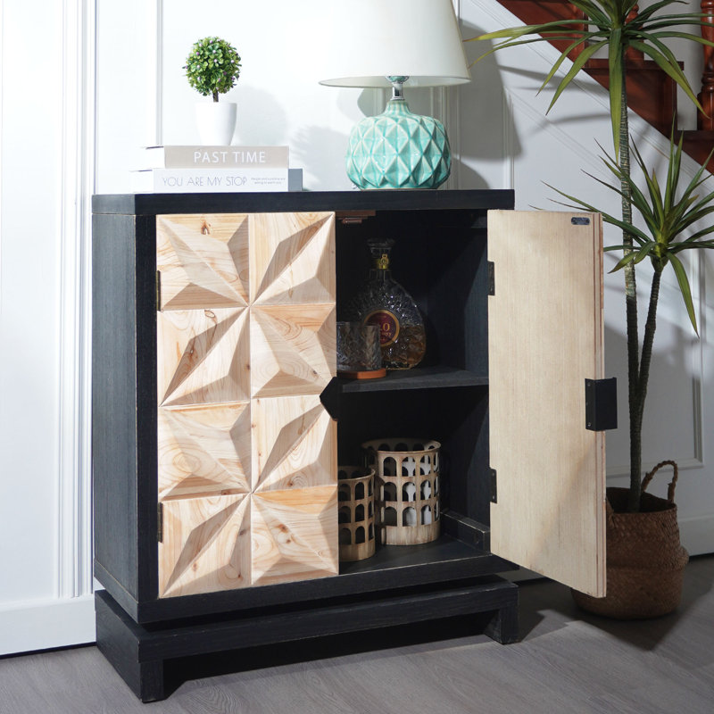  Armoire sculptée à double porte géométrique 3D, buffet de rangement moderne noir et bois naturel