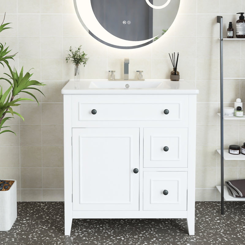 Jonnetta 30'' Single Bathroom Vanity with Ceramic Top, White, Black