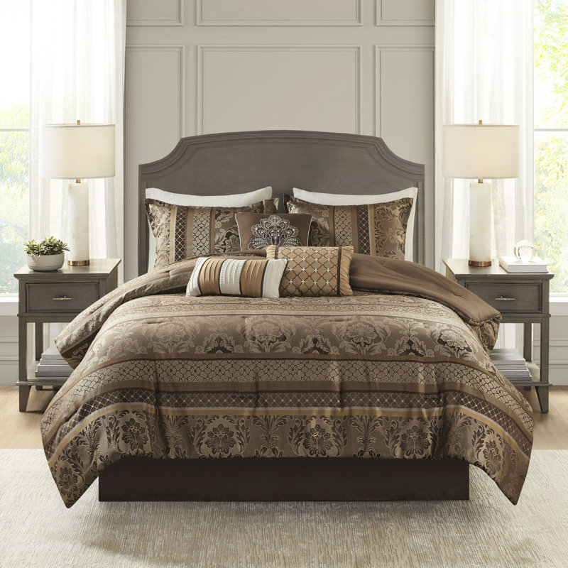 Édredon pour grand lit 7 pièces - brun / or, design artistique, style doux, Brun / or