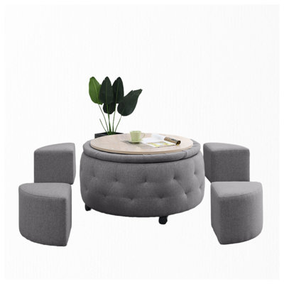 Round Rolling Storage Ottoman with Reversible Tray Top and 4 Nesting Side Ottomans, Dark Gray Fabric