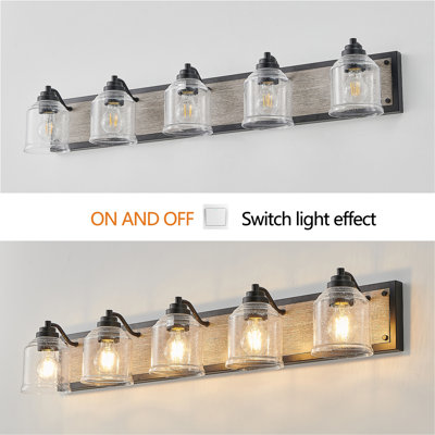 32" Farmhouse Vanity Light Fixture, 4-Light Bathroom Wall Sconce with Clear Seeded Glass Shades, Black and Wood Grain Finish, Modern Industrial Design for Bathroom or Powder Room (No Bulbs)
