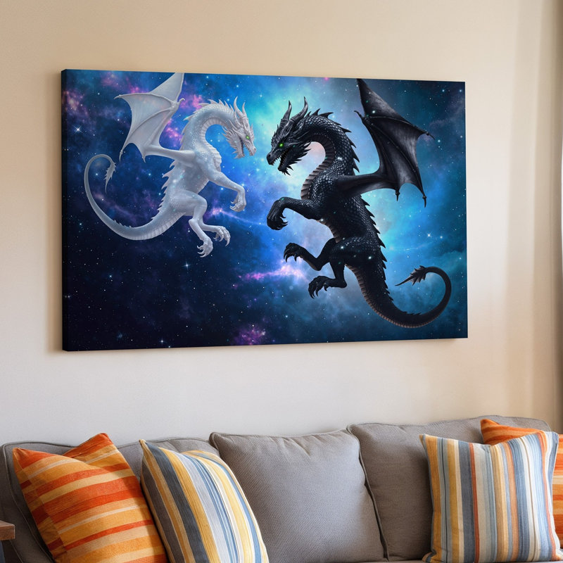Toile, "Une scène dynamique" avec deux majestueux dragons en vol, H 9 po x l 12 po