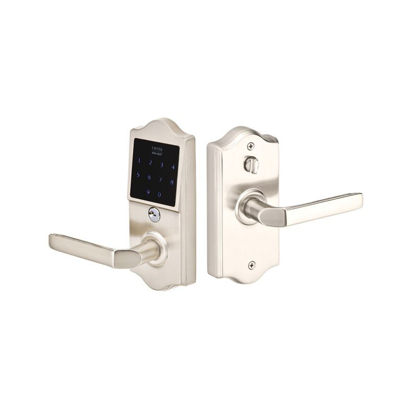 Milano Flat Keyed (Entry) Door Lever with Arch Rosette, Right, Satin Nickel