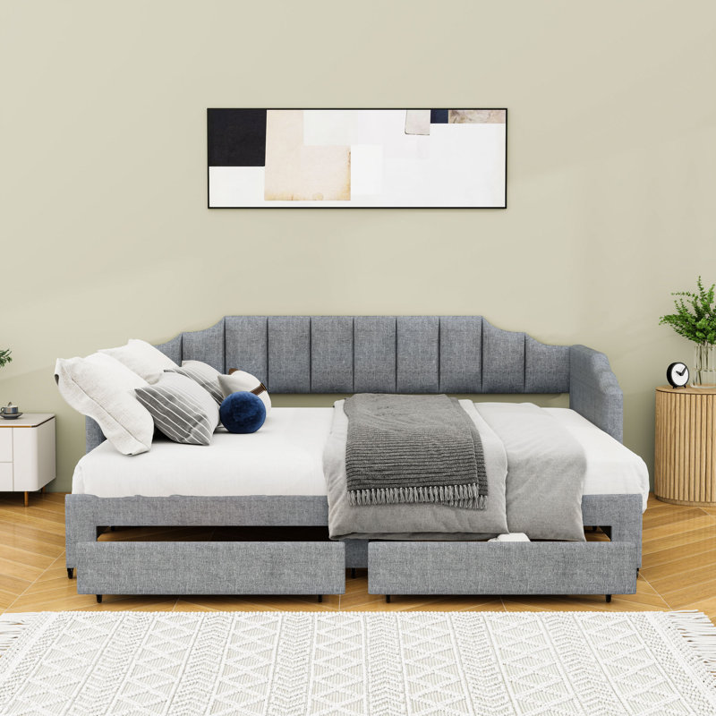 2 Drawers Upholstered Twin XL Daybed with Twin Trundle and LED Lighting, Gray