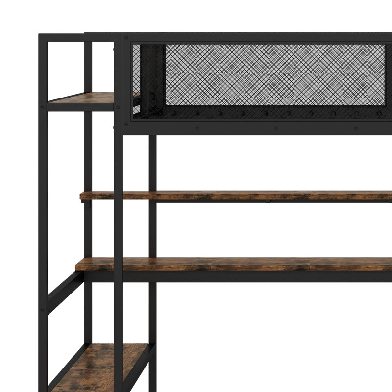 Twin Size Metal Loft Bed With Work Station, LED And Multiple Storage, Black
