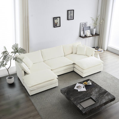 5 canapé modulaire en U, repose-pieds réversible, meubles de salon blancs avec canapé convertible et 2 repose-pieds, blanc, bois massif
