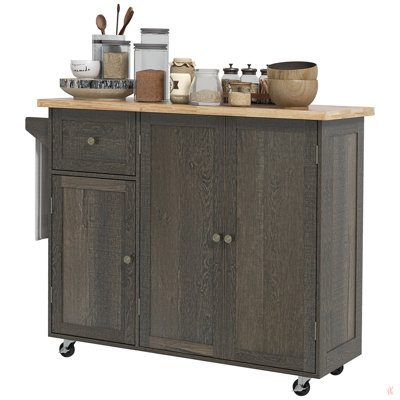 Triple-Cabinet Rolling Kitchen Island On Wheels, Kitchen Cart With Storage Shelf Adjustment, Rolling Utility Cart With Wood Top, Towel Rack, Big Drawer, Distressed Brown