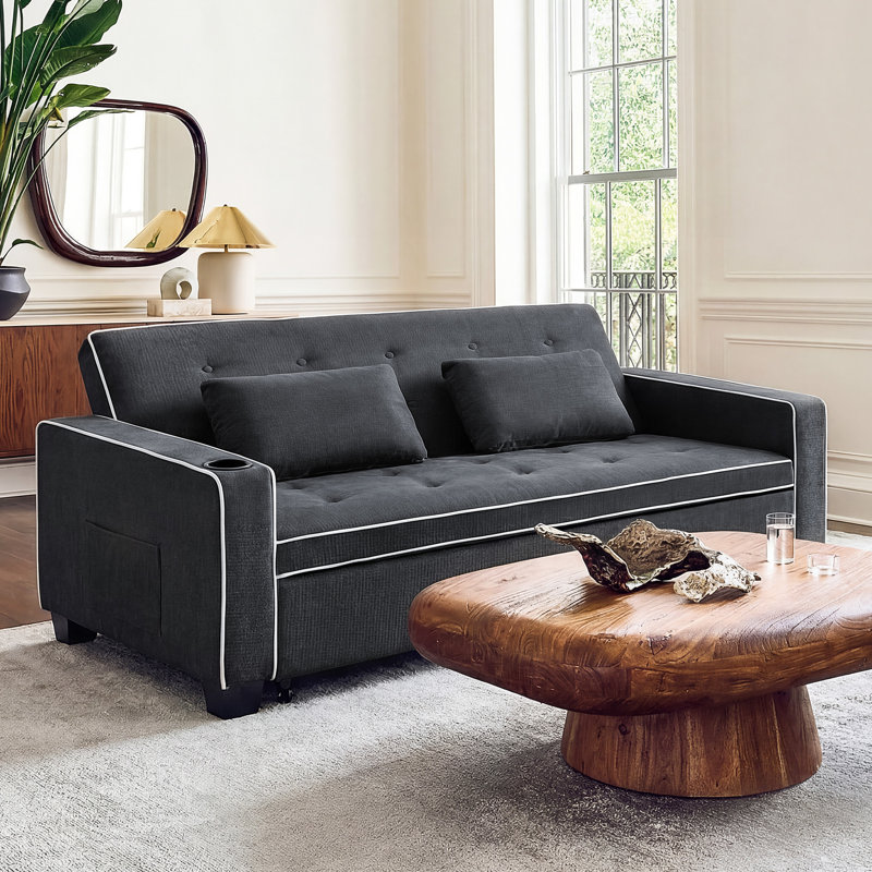 64.8"Queen Size Pull Out Couch 3 In 1 Upholstered Convertible Sofa Bed,Sleeper Sofa with Pillows & Side Pockets,Cup Holder