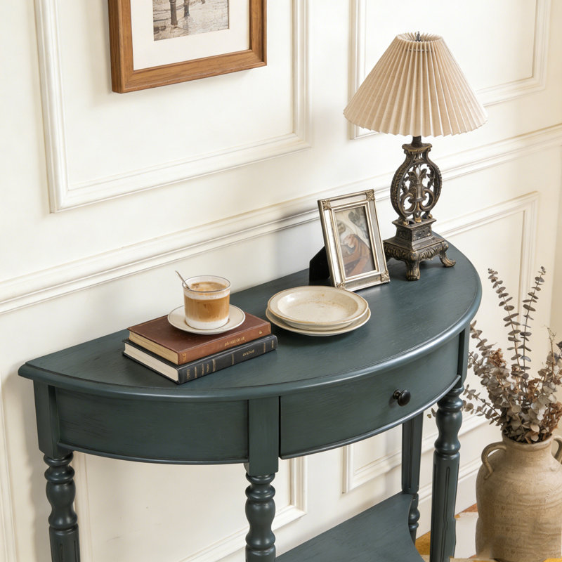 Console demi-lune avec tiroir et tablette, Marine