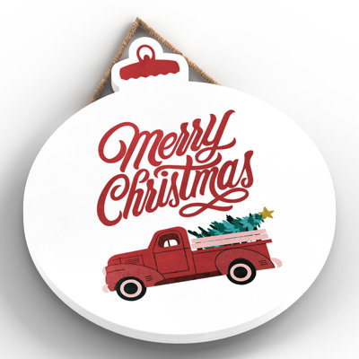 Xmas Merry Christmas Truck Wooden Bauble Plaque