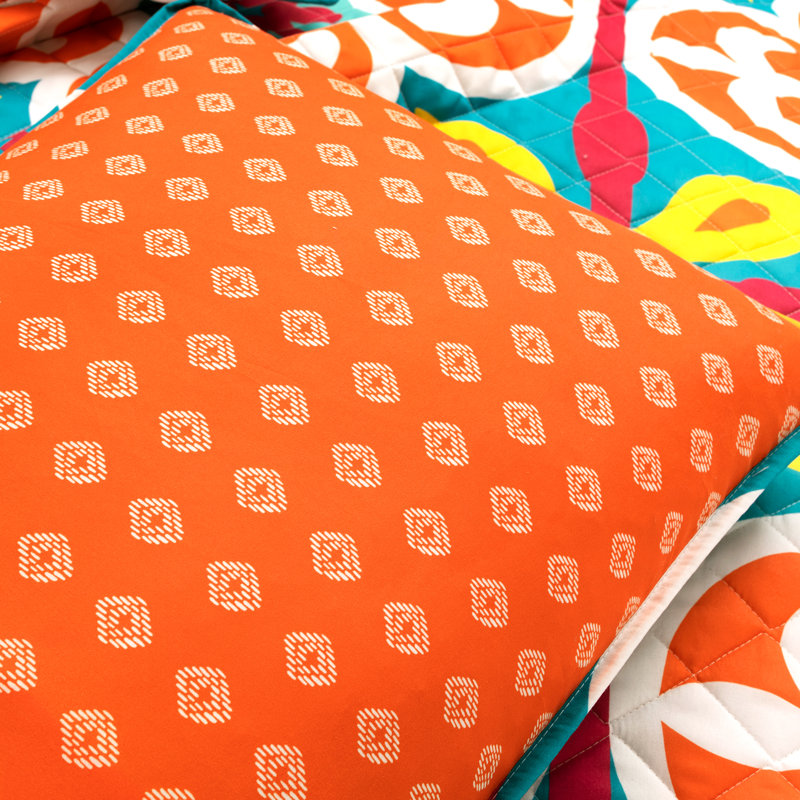 Turquoise/Orange Microfiber Reversible 3 Piece Quilt Set, King/California King Quilt + 2 Standard Shams