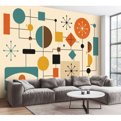 Wall Mural Peel and Stick Wallpaper 50s Mid Century Modern Vintage Retro 1950s Mod Fifties Geometric Self-Adhesive Removable Contact Paper Wall Decor for Living Room Bedroom 100"H x 144"W