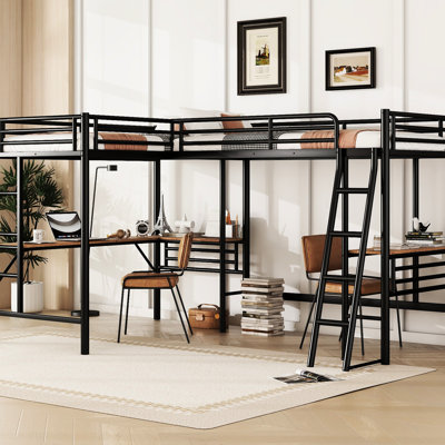 Lit mezzanine simple en métal avec deux bureaux de production de musique intégrés, noir - Taille de création sonore - Fabrication de motifs artisanaux