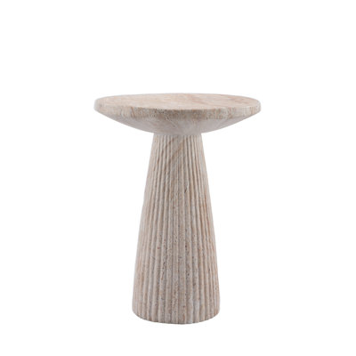 Table d'appoint ronde en oxyde de magnésium imitation travertin, à pied conique cannelé, sans assemblage requis, idéale pour le salon, l'entrée et la terrasse couverte.
