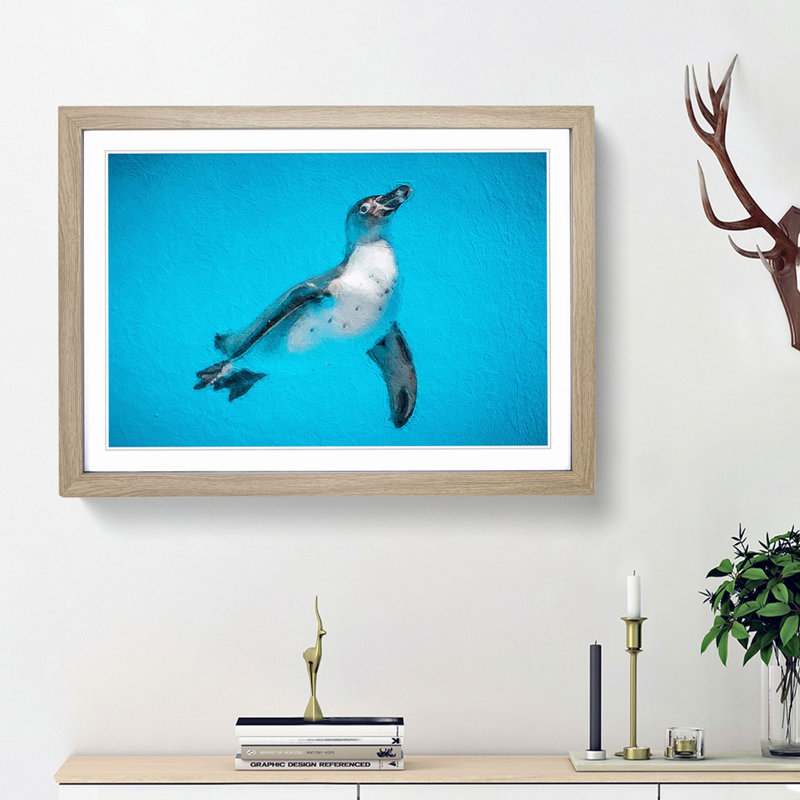 Swimming Penguin - Picture Frame Painting Print, 27cm H x 36cm W x 2cm D, Oak Framed