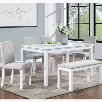 6 Dining With White Solid Wood Table, Bench And Soft Upholstered Chairs 6 Table Chairs, Color, , Comfortable Stylish