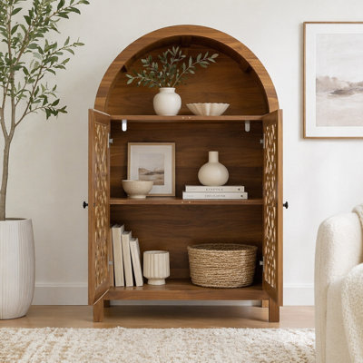 Hand-Carved Arched Cabinet, Solid Wood Storage Cabinet with Open Shelf & 2 Doors