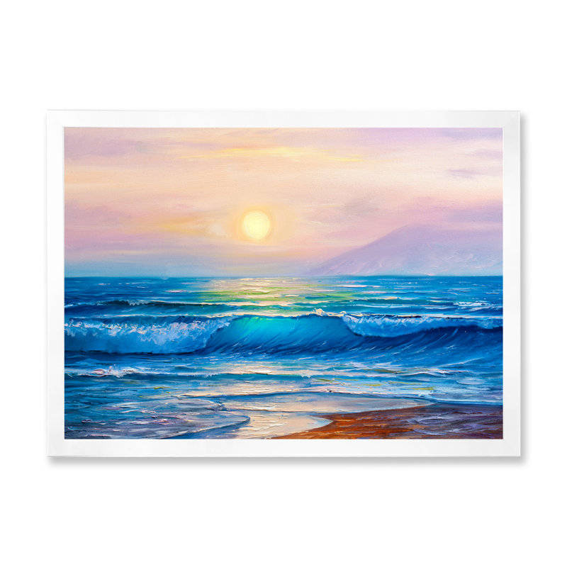 «Ocean Sunset And Waves», reproduction sur toile flottante, H 24 po x l 36 po x P 1 po, Cadre photo blanc