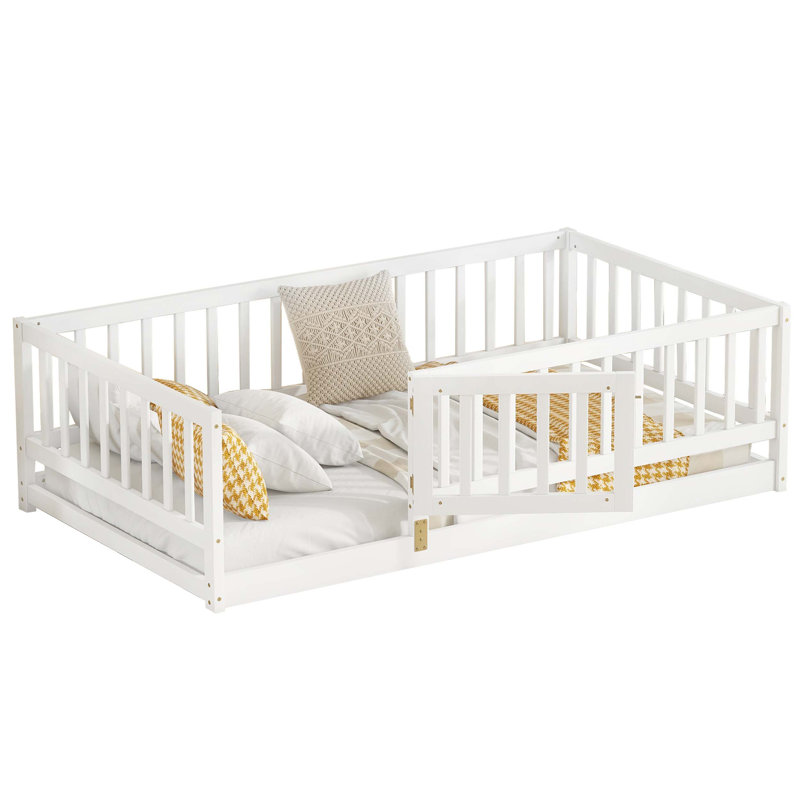 Montessori Floor Bed With Fence And Door, Made Of Wood, Ideal For Kids To Promote Independence And Comfortable Resting