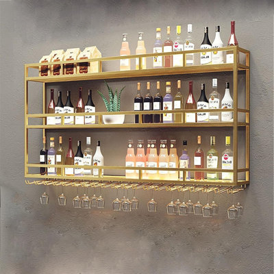 Large Heavy Duty 47In Wine Rack With LED Wall Mounted Bottle Glass Holder Under Shelf, 3-Tiers Liquor Floating Shelves Display Storage Organizer Hanging Long Stemware Goblet Metal For Home Bar